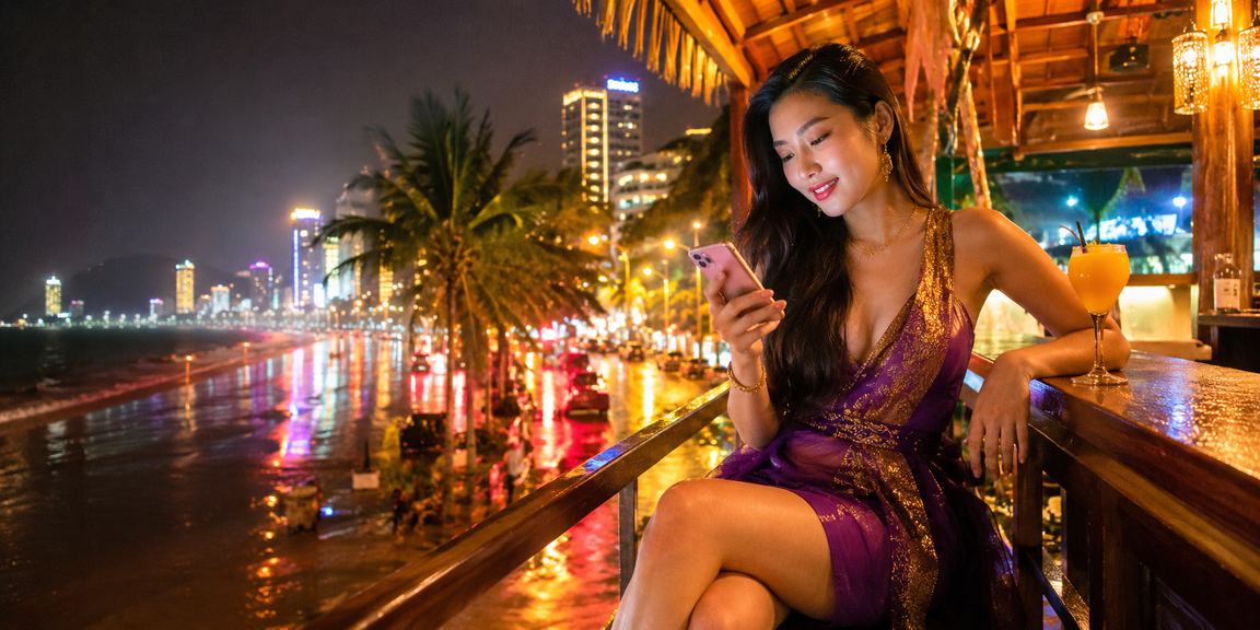 Người dùng tại Nha Trang xem lịch game mới và bàn casino live trong buổi tối bên bờ biển